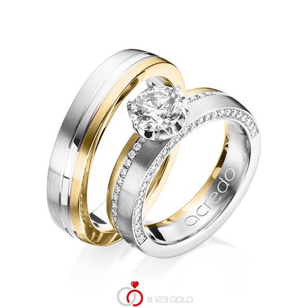 Paar bicolor Memoire-Trauringe/Eheringe in Palladium 950 Gelbgold 750 halbausgefasst mit 0,7 ct. + zus. 0,275 ct. Brillant tw, si tw, vs von acredo - A-1202-1 Paar bicolor Memoire-Trauringe/Eheringe in Palladium 950 Gelbgold 750 halbausgefasst mit 0,7 ct. + zus. 0,275 ct. Brillant tw, si tw, vs von acredo - A-1202-1