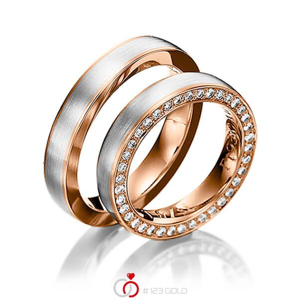 Paar bicolor Memoire-Trauringe/Eheringe in Ring Rotgold 585 , Inlay Weißgold 585 vollausgefasst mit zus. 0,41 ct. Brillant tw, si von 123gold - Y-1155-15 Paar bicolor Memoire-Trauringe/Eheringe in Ring Rotgold 585 , Inlay Weißgold 585 vollausgefasst mit zus. 0,41 ct. Brillant tw, si von 123gold - Y-1155-15