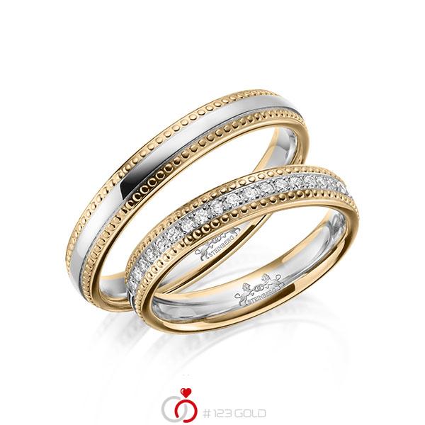 Paar bicolor Memoire-Trauringe/Eheringe in Roségold 585 Weißgold 585 halbausgefasst mit zus. 0,21 ct. Brillant tw, si von Steinberg - Q-1639-2 Paar bicolor Memoire-Trauringe/Eheringe in Roségold 585 Weißgold 585 halbausgefasst mit zus. 0,21 ct. Brillant tw, si von Steinberg - Q-1639-2