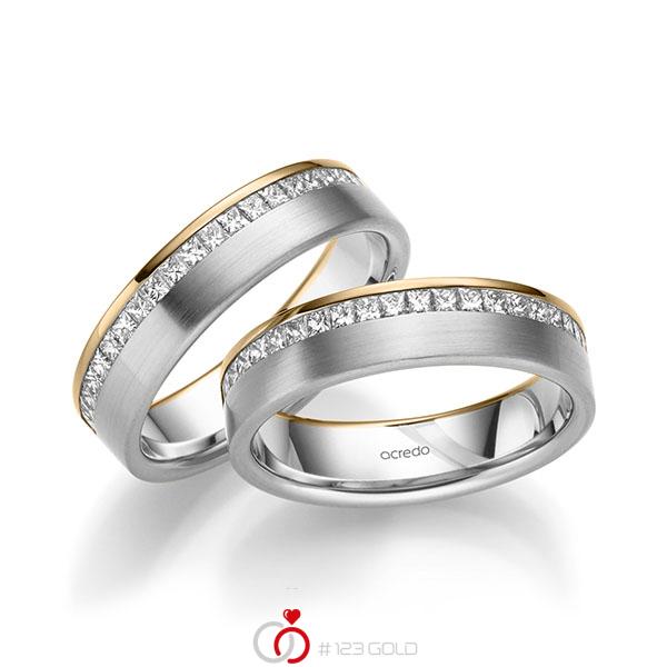Paar bicolor Memoire-Trauringe/Eheringe in Roségold 585 Weissgold 585 halbausgefasst mit zus. 1,26 ct. Prinzess-Diamant tw, si von acredo - A-2214-3 Paar bicolor Memoire-Trauringe/Eheringe in Roségold 585 Weissgold 585 halbausgefasst mit zus. 1,26 ct. Prinzess-Diamant tw, si von acredo - A-2214-3