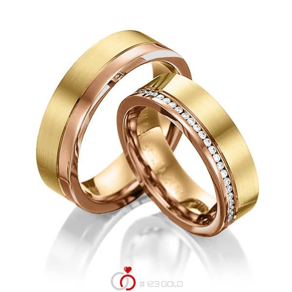 Paar bicolor Memoire-Trauringe/Eheringe in Rotgold 585 Gelbgold 585 vollausgefasst mit zus. 0,408 ct. Brillant tw, si von 123gold - Y-1017-16 Paar bicolor Memoire-Trauringe/Eheringe in Rotgold 585 Gelbgold 585 vollausgefasst mit zus. 0,408 ct. Brillant tw, si von 123gold - Y-1017-16
