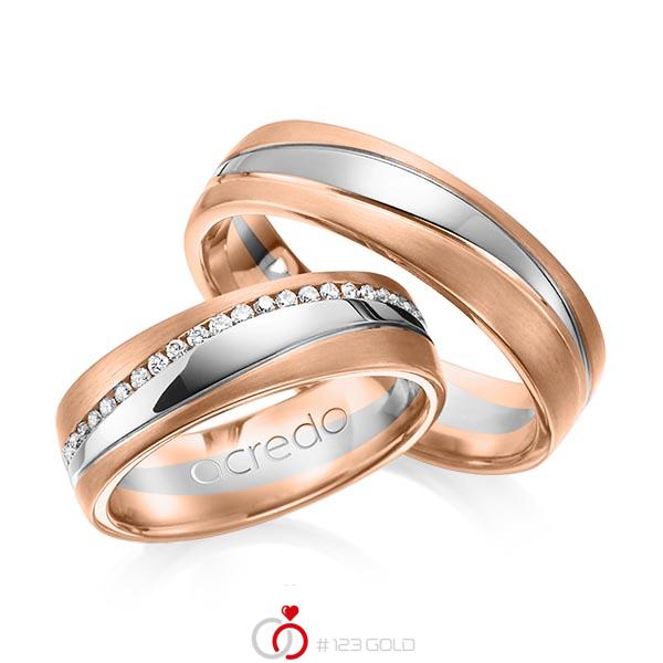 Paar bicolor Memoire-Trauringe/Eheringe in Rotgold 585 Graugold 585 vollausgefasst mit zus. 0,4 ct. Brillant tw, si von acredo - A-1153-15 Paar bicolor Memoire-Trauringe/Eheringe in Rotgold 585 Graugold 585 vollausgefasst mit zus. 0,4 ct. Brillant tw, si von acredo - A-1153-15