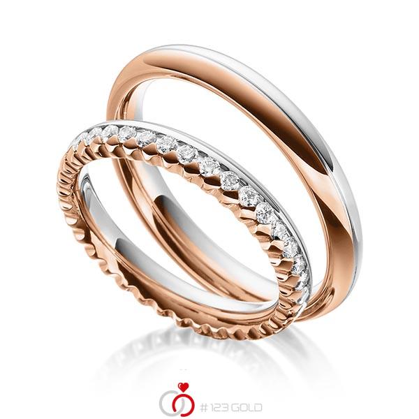Paar bicolor Memoire-Trauringe/Eheringe in Rotgold 585 Graugold 585 vollausgefasst mit zus. 0,72 ct. Brillant tw, si von Steinberg - Q-1480-11 Paar bicolor Memoire-Trauringe/Eheringe in Rotgold 585 Graugold 585 vollausgefasst mit zus. 0,72 ct. Brillant tw, si von Steinberg - Q-1480-11