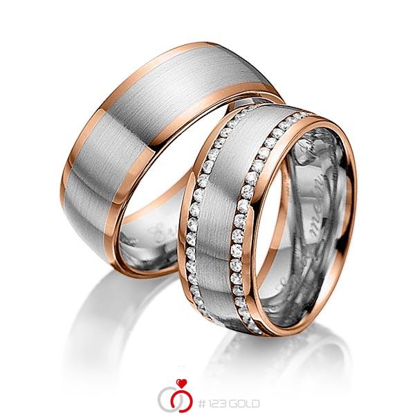 Paar bicolor Memoire-Trauringe/Eheringe in Rotgold 585 Graugold 585 vollausgefasst mit zus. 0,94 ct. Brillant tw, si von 123gold - Y-1224-1 Paar bicolor Memoire-Trauringe/Eheringe in Rotgold 585 Graugold 585 vollausgefasst mit zus. 0,94 ct. Brillant tw, si von 123gold - Y-1224-1