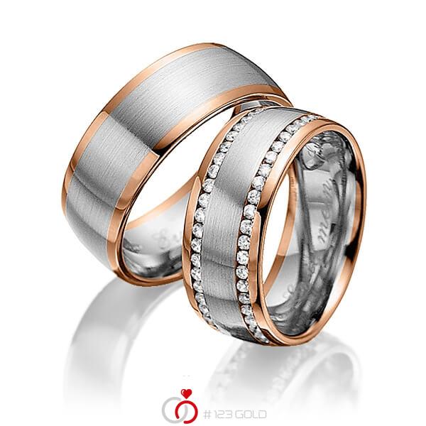 Paar bicolor Memoire-Trauringe/Eheringe in Rotgold 585 Graugold 585 vollausgefasst mit zus. 0,94 ct. Brillant tw, si von Steinberg - Q-1229-1 Paar bicolor Memoire-Trauringe/Eheringe in Rotgold 585 Graugold 585 vollausgefasst mit zus. 0,94 ct. Brillant tw, si von Steinberg - Q-1229-1