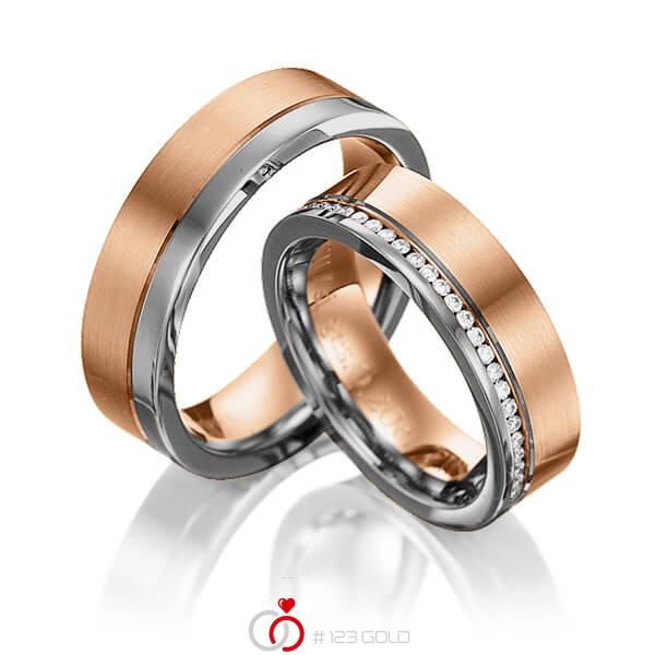 Paar bicolor Memoire-Trauringe/Eheringe in Rotgold 585 Graugold dunkel 585 vollausgefasst mit zus. 0,408 ct. Brillant tw, si von 123gold - Y-1017-24 Paar bicolor Memoire-Trauringe/Eheringe in Rotgold 585 Graugold dunkel 585 vollausgefasst mit zus. 0,408 ct. Brillant tw, si von 123gold - Y-1017-24