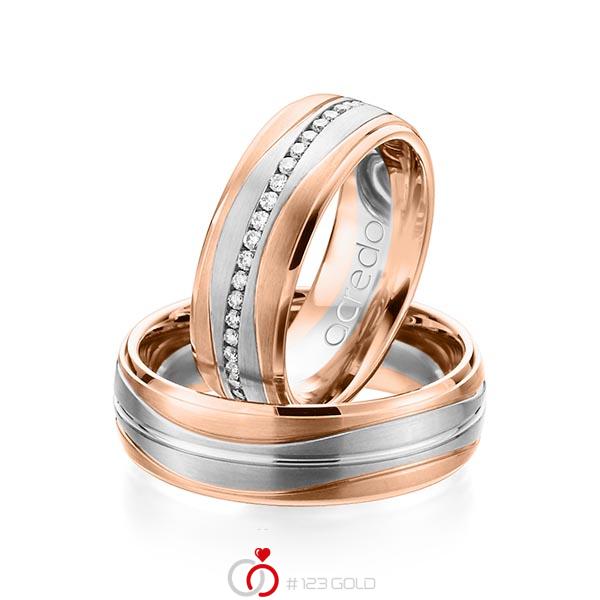 Paar bicolor Memoire-Trauringe/Eheringe in Rotgold 585 Weissgold 585 vollausgefasst mit zus. 0,47 ct. Brillant tw, si von acredo - A-1159-3 Paar bicolor Memoire-Trauringe/Eheringe in Rotgold 585 Weissgold 585 vollausgefasst mit zus. 0,47 ct. Brillant tw, si von acredo - A-1159-3