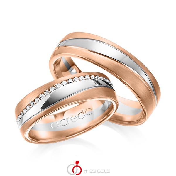 Paar bicolor Memoire-Trauringe/Eheringe in Rotgold 585 Weißgold 585 vollausgefasst mit zus. 0,4 ct. Brillant tw, si von acredo - A-1153-12 Paar bicolor Memoire-Trauringe/Eheringe in Rotgold 585 Weißgold 585 vollausgefasst mit zus. 0,4 ct. Brillant tw, si von acredo - A-1153-12