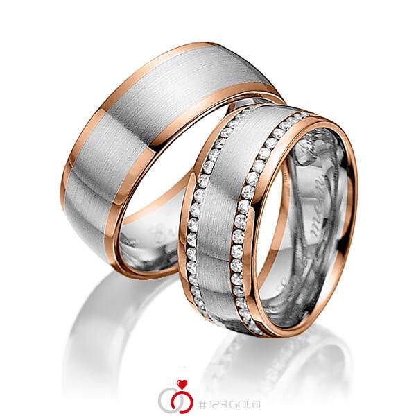 Paar bicolor Memoire-Trauringe/Eheringe in Rotgold 585 Weißgold 585 vollausgefasst mit zus. 0,94 ct. Brillant tw, si von Steinberg - Q-1229-6 Paar bicolor Memoire-Trauringe/Eheringe in Rotgold 585 Weißgold 585 vollausgefasst mit zus. 0,94 ct. Brillant tw, si von Steinberg - Q-1229-6