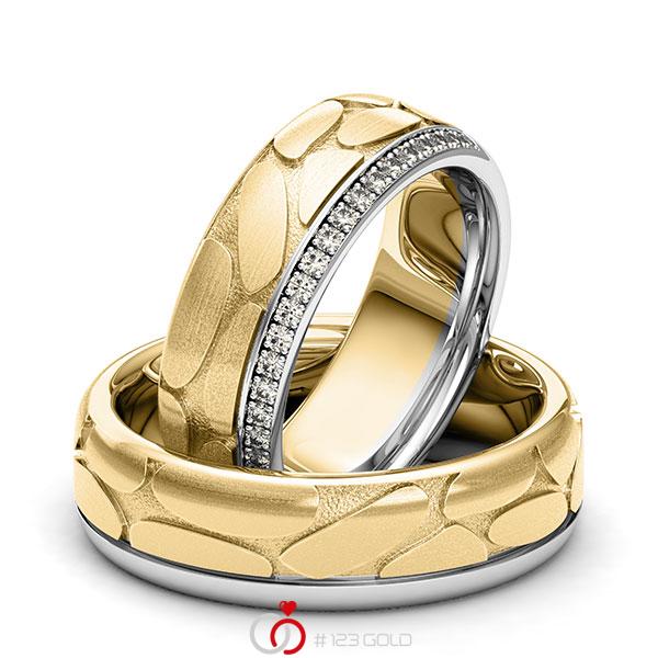 Paar bicolor Memoire-Trauringe/Eheringe in Weissgold 585 Gelbgold 585 Laser Struktur halbausgefasst mit zus. 0,22 ct. Brillant tw, si von 123gold - Y-1392-1 Paar bicolor Memoire-Trauringe/Eheringe in Weissgold 585 Gelbgold 585 Laser Struktur halbausgefasst mit zus. 0,22 ct. Brillant tw, si von 123gold - Y-1392-1