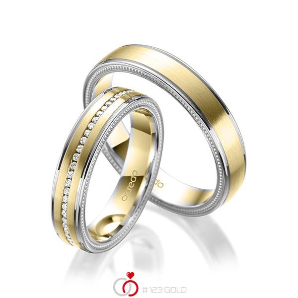 Paar bicolor Memoire-Trauringe/Eheringe in Weißgold 585 Gelbgold 585 vollausgefasst mit zus. 0,295 ct. Brillant tw, si von acredo - A-1763-2 Paar bicolor Memoire-Trauringe/Eheringe in Weißgold 585 Gelbgold 585 vollausgefasst mit zus. 0,295 ct. Brillant tw, si von acredo - A-1763-2