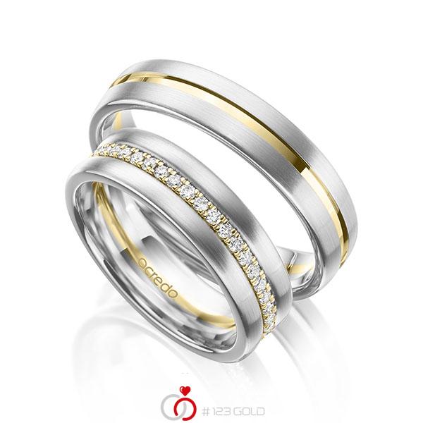 Paar bicolor Memoire-Trauringe/Eheringe in Weißgold 585 Gelbgold 585 vollausgefasst mit zus. 0,39 ct. tw, si von acredo - A-2102-7 Paar bicolor Memoire-Trauringe/Eheringe in Weißgold 585 Gelbgold 585 vollausgefasst mit zus. 0,39 ct. tw, si von acredo - A-2102-7
