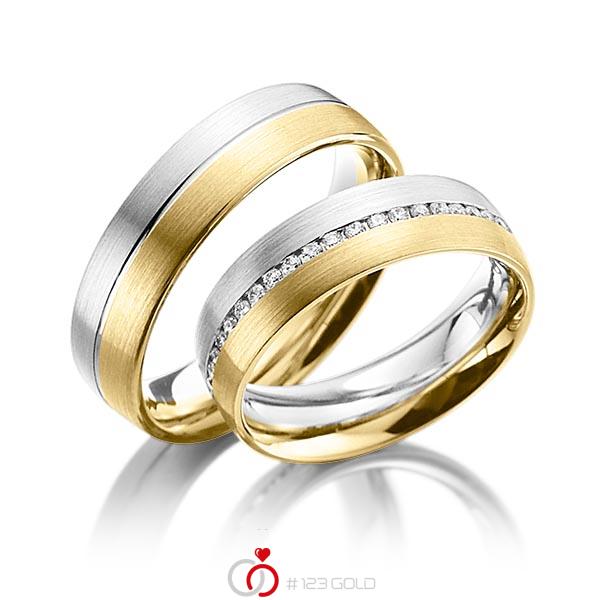 Paar bicolor Memoire-Trauringe/Eheringe in Weißgold 585 Gelbgold 585 vollausgefasst mit zus. 0,45 ct. Brillant tw, si von Steinberg - Q-1070-6 Paar bicolor Memoire-Trauringe/Eheringe in Weißgold 585 Gelbgold 585 vollausgefasst mit zus. 0,45 ct. Brillant tw, si von Steinberg - Q-1070-6