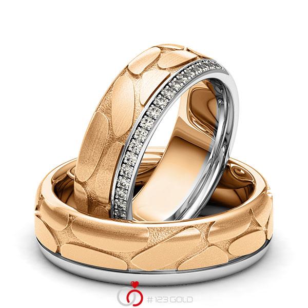 Paar bicolor Memoire-Trauringe/Eheringe in Weissgold 585 Roségold 585 Laser Struktur halbausgefasst mit zus. 0,22 ct. Brillant tw, si von 123gold - Y-1392-2 Paar bicolor Memoire-Trauringe/Eheringe in Weissgold 585 Roségold 585 Laser Struktur halbausgefasst mit zus. 0,22 ct. Brillant tw, si von 123gold - Y-1392-2