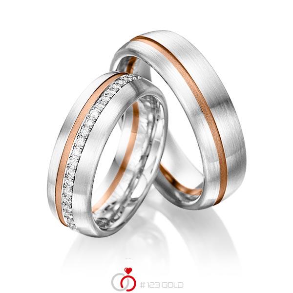 Paar bicolor Memoire-Trauringe/Eheringe in Weißgold 585 Rotgold 585 halbausgefasst mit zus. 0,176 ct. Brillant tw, si von Steinberg - Q-1199-5 Paar bicolor Memoire-Trauringe/Eheringe in Weißgold 585 Rotgold 585 halbausgefasst mit zus. 0,176 ct. Brillant tw, si von Steinberg - Q-1199-5