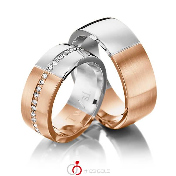 Paar bicolor Memoire-Trauringe/Eheringe in Weißgold 585 Rotgold 585 halbausgefasst mit zus. 0,22 ct. Brillant tw, si von 123gold - P-1119-2 Paar bicolor Memoire-Trauringe/Eheringe in Weißgold 585 Rotgold 585 halbausgefasst mit zus. 0,22 ct. Brillant tw, si von 123gold - P-1119-2