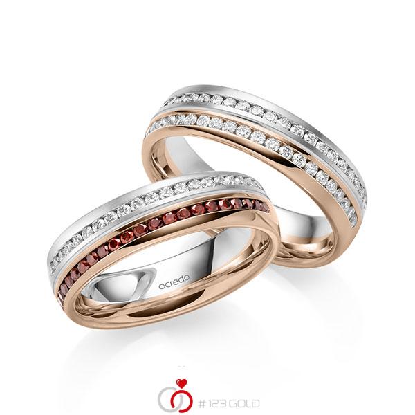 Paar bicolor Memoire-Trauringe/Eheringe in Weissgold 585 Rotgold 585 halbausgefasst mit zus. 0,92 ct. Brillant Red Cherry tw, vs von acredo - A-2188-3 Paar bicolor Memoire-Trauringe/Eheringe in Weissgold 585 Rotgold 585 halbausgefasst mit zus. 0,92 ct. Brillant Red Cherry tw, vs von acredo - A-2188-3