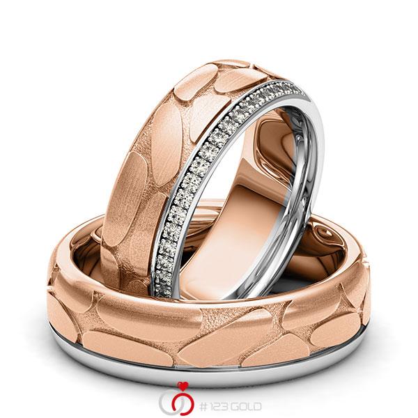 Paar bicolor Memoire-Trauringe/Eheringe in Weissgold 585 Rotgold 585 Laser Struktur halbausgefasst mit zus. 0,22 ct. Brillant tw, si von 123gold - Y-1392-3 Paar bicolor Memoire-Trauringe/Eheringe in Weissgold 585 Rotgold 585 Laser Struktur halbausgefasst mit zus. 0,22 ct. Brillant tw, si von 123gold - Y-1392-3