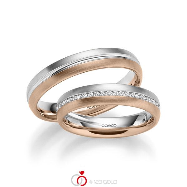 Paar bicolor Memoire-Trauringe/Eheringe in Weißgold 585 Rotgold 585 vollausgefasst mit zus. 0,392 ct. Brillant tw, si von acredo - A-1031-16 Paar bicolor Memoire-Trauringe/Eheringe in Weißgold 585 Rotgold 585 vollausgefasst mit zus. 0,392 ct. Brillant tw, si von acredo - A-1031-16