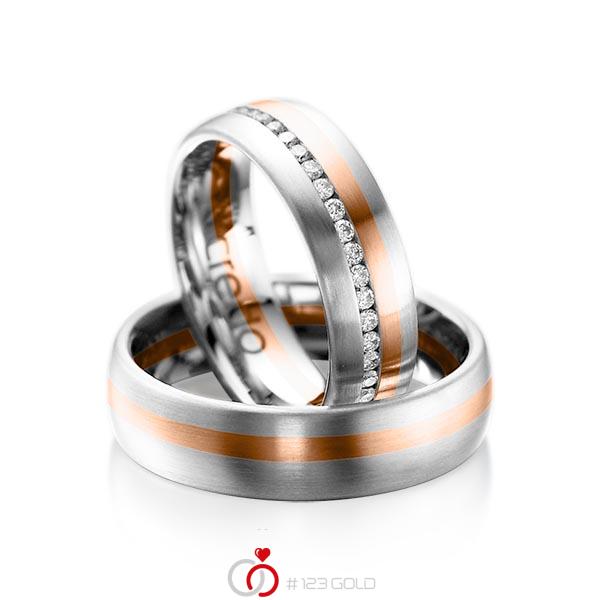 Paar bicolor Memoire-Trauringe/Eheringe in Weissgold 585 Rotgold 585 vollausgefasst mit zus. 0,47 ct. Brillant tw, si von acredo - A-1014-3 Paar bicolor Memoire-Trauringe/Eheringe in Weissgold 585 Rotgold 585 vollausgefasst mit zus. 0,47 ct. Brillant tw, si von acredo - A-1014-3