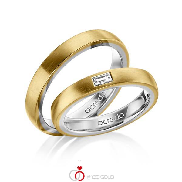Paar bicolor Trauringe/Eheringe in außen Gelbgold 750 , innen Platin 950 mit zus. 0,15 ct. Baguette-Diamant tw, vs von acredo - A-1467-13 Paar bicolor Trauringe/Eheringe in außen Gelbgold 750 , innen Platin 950 mit zus. 0,15 ct. Baguette-Diamant tw, vs von acredo - A-1467-13