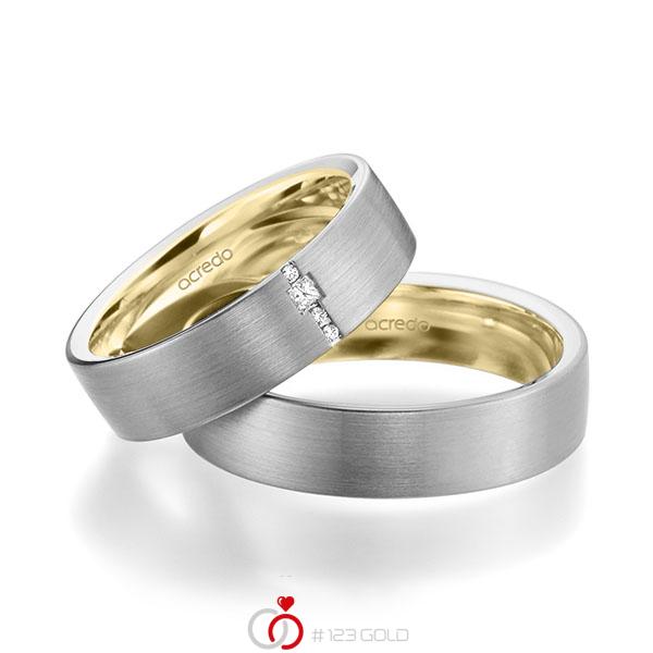 Paar bicolor Trauringe/Eheringe in aussen Graugold 585 , innen Gelbgold 585 mit zus. 0,045 ct. Brillant & Prinzess-Diamant tw, si von acredo - A-1948-3 Paar bicolor Trauringe/Eheringe in aussen Graugold 585 , innen Gelbgold 585 mit zus. 0,045 ct. Brillant & Prinzess-Diamant tw, si von acredo - A-1948-3