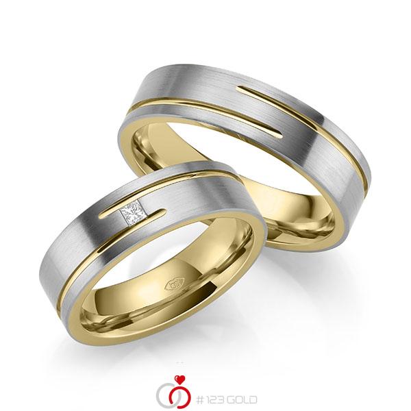 Paar bicolor Trauringe/Eheringe in außen Graugold 585 , innen Gelbgold 585 mit zus. 0,05 ct. Prinzess-Diamant tw, vs - UQ-1043-3 Paar bicolor Trauringe/Eheringe in außen Graugold 585 , innen Gelbgold 585 mit zus. 0,05 ct. Prinzess-Diamant tw, vs - UQ-1043-3