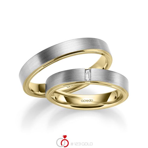 Paar bicolor Trauringe/Eheringe in außen Graugold 585 , innen Gelbgold 585 mit zus. 0,06 ct. Baguette-Diamant tw, vs von acredo - A-1054-15 Paar bicolor Trauringe/Eheringe in außen Graugold 585 , innen Gelbgold 585 mit zus. 0,06 ct. Baguette-Diamant tw, vs von acredo - A-1054-15