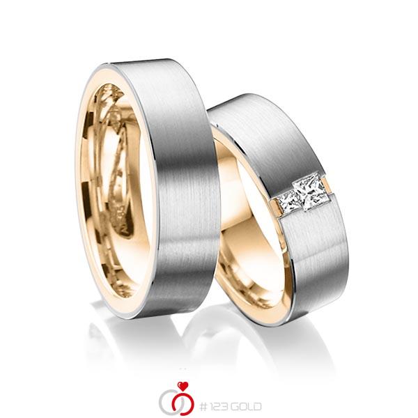 Paar bicolor Trauringe/Eheringe in außen Graugold 585 , innen Roségold 585 mit zus. 0,2 ct. Prinzess-Diamant tw, si von acredo - A-6014-6 Paar bicolor Trauringe/Eheringe in außen Graugold 585 , innen Roségold 585 mit zus. 0,2 ct. Prinzess-Diamant tw, si von acredo - A-6014-6