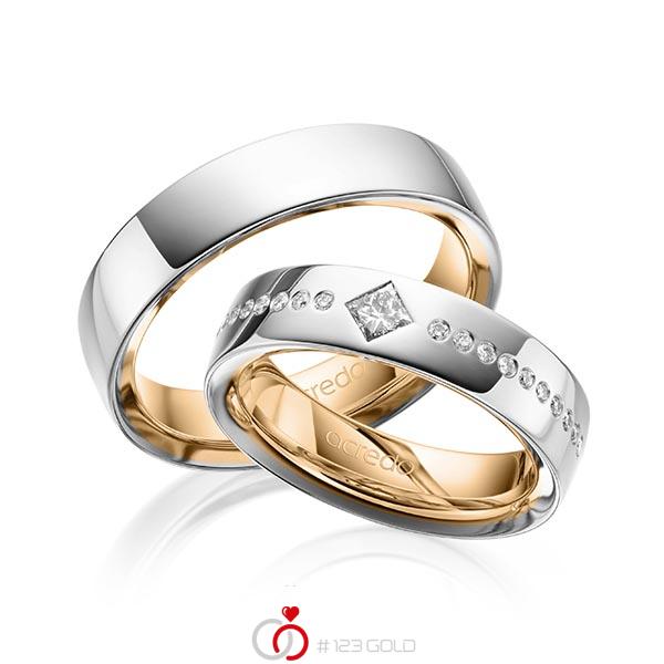 Paar bicolor Trauringe/Eheringe in außen Graugold 585 , innen Roségold 585 mit zus. 0,326 ct. Brillant & Prinzess-Diamant tw, si von acredo - A-1626-1 Paar bicolor Trauringe/Eheringe in außen Graugold 585 , innen Roségold 585 mit zus. 0,326 ct. Brillant & Prinzess-Diamant tw, si von acredo - A-1626-1