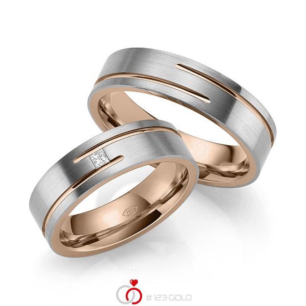 Paar bicolor Trauringe/Eheringe in außen Graugold 585 , innen Rotgold 585 mit zus. 0,05 ct. Prinzess-Diamant tw, vs - UQ-1043-1 Paar bicolor Trauringe/Eheringe in außen Graugold 585 , innen Rotgold 585 mit zus. 0,05 ct. Prinzess-Diamant tw, vs - UQ-1043-1