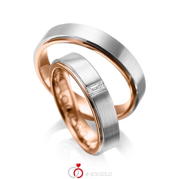 Paar bicolor Trauringe/Eheringe in außen Graugold 585 , innen Rotgold 585 mit zus. 0,12 ct. Baguette-Diamant tw, vs von acredo - A-1054-1 Paar bicolor Trauringe/Eheringe in außen Graugold 585 , innen Rotgold 585 mit zus. 0,12 ct. Baguette-Diamant tw, vs von acredo - A-1054-1