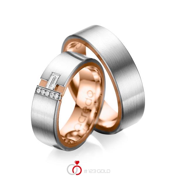 Paar bicolor Trauringe/Eheringe in aussen Graugold 585 , innen Rotgold 585 mit zus. 0,155 ct. Baguette-Diamant & Brillant tw, vs tw, si von acredo - A-1066-1 Paar bicolor Trauringe/Eheringe in aussen Graugold 585 , innen Rotgold 585 mit zus. 0,155 ct. Baguette-Diamant & Brillant tw, vs tw, si von acredo - A-1066-1