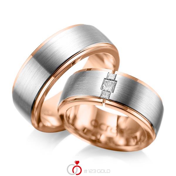 Paar bicolor Trauringe/Eheringe in außen Graugold 585 , innen Rotgold 585 mit zus. 0,21 ct. Prinzess-Diamant tw, si von acredo - A-1087-1 Paar bicolor Trauringe/Eheringe in außen Graugold 585 , innen Rotgold 585 mit zus. 0,21 ct. Prinzess-Diamant tw, si von acredo - A-1087-1
