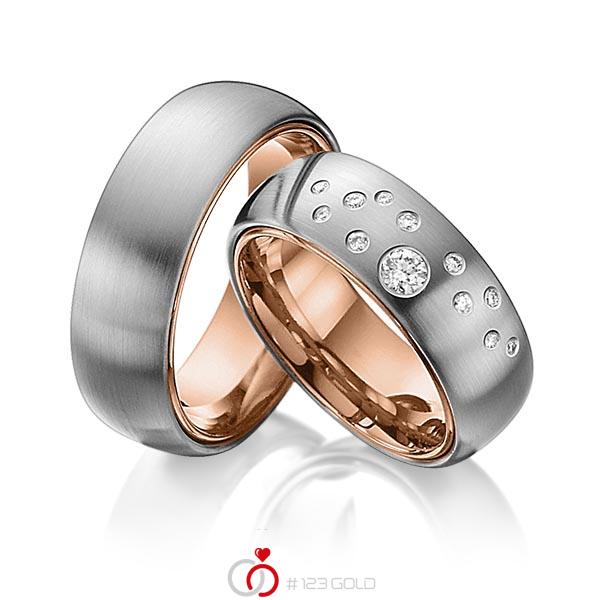 Paar bicolor Trauringe/Eheringe in aussen Graugold dunkel 585 , innen Rotgold 585 mit zus. 0,235 ct. Brillant tw, si von 123gold - Y-1270-9 Paar bicolor Trauringe/Eheringe in aussen Graugold dunkel 585 , innen Rotgold 585 mit zus. 0,235 ct. Brillant tw, si von 123gold - Y-1270-9