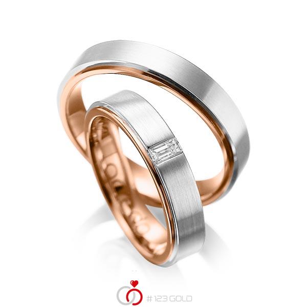 Paar bicolor Trauringe/Eheringe in aussen Platin 950 , innen Rotgold 750 mit zus. 0,12 ct. Baguette-Diamant tw, vs von acredo - A-1054-4 Paar bicolor Trauringe/Eheringe in aussen Platin 950 , innen Rotgold 750 mit zus. 0,12 ct. Baguette-Diamant tw, vs von acredo - A-1054-4