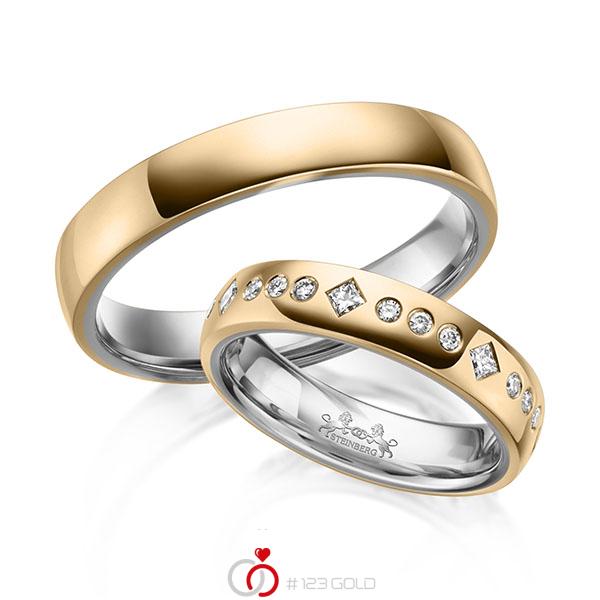 Paar bicolor Trauringe/Eheringe in außen Roségold 585 , innen Graugold 585 mit zus. 0,42 ct. Prinzess-Diamant & Brillant tw, si von Steinberg - Q-1628-3 Paar bicolor Trauringe/Eheringe in außen Roségold 585 , innen Graugold 585 mit zus. 0,42 ct. Prinzess-Diamant & Brillant tw, si von Steinberg - Q-1628-3
