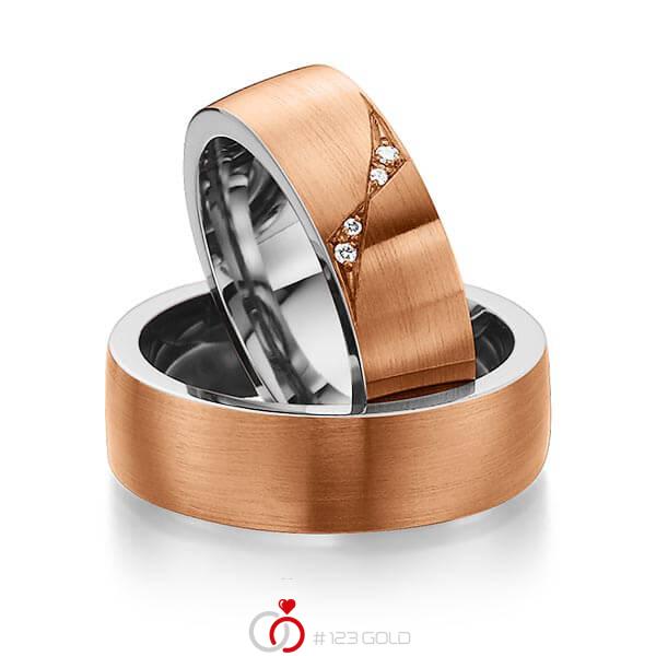 Paar bicolor Trauringe/Eheringe in aussen Rotgold 585 , innen Edelstahl mit zus. 0,05 ct. Brillant tw, si von 123gold - Y-1303-3 Paar bicolor Trauringe/Eheringe in aussen Rotgold 585 , innen Edelstahl mit zus. 0,05 ct. Brillant tw, si von 123gold - Y-1303-3