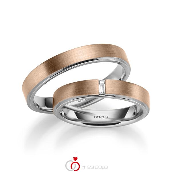 Paar bicolor Trauringe/Eheringe in außen Rotgold 585 , innen Graugold 585 mit zus. 0,06 ct. Baguette-Diamant tw, vs von acredo - A-1054-16 Paar bicolor Trauringe/Eheringe in außen Rotgold 585 , innen Graugold 585 mit zus. 0,06 ct. Baguette-Diamant tw, vs von acredo - A-1054-16