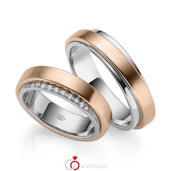 Paar bicolor Trauringe/Eheringe in aussen Rotgold 585 , innen Graugold 585 mit zus. 0,152 ct. Brillant tw, si - UQ-1042-3 Paar bicolor Trauringe/Eheringe in aussen Rotgold 585 , innen Graugold 585 mit zus. 0,152 ct. Brillant tw, si - UQ-1042-3