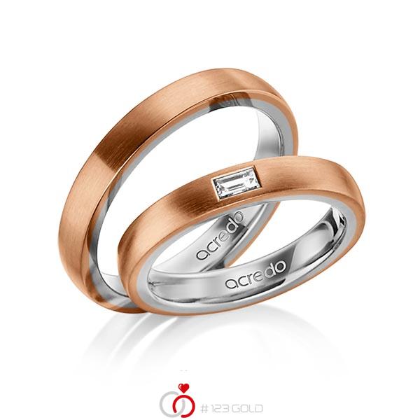 Paar bicolor Trauringe/Eheringe in außen Rotgold 585 , innen Graugold 585 mit zus. 0,15 ct. Baguette-Diamant tw, vs von acredo - A-1467-11 Paar bicolor Trauringe/Eheringe in außen Rotgold 585 , innen Graugold 585 mit zus. 0,15 ct. Baguette-Diamant tw, vs von acredo - A-1467-11