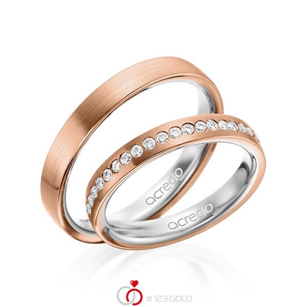 Paar bicolor Trauringe/Eheringe in aussen Rotgold 585 , innen Graugold 585 mit zus. 0,225 ct. Brillant tw, si von acredo - A-1498-3 Paar bicolor Trauringe/Eheringe in aussen Rotgold 585 , innen Graugold 585 mit zus. 0,225 ct. Brillant tw, si von acredo - A-1498-3