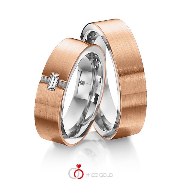 Paar bicolor Trauringe/Eheringe in aussen Rotgold 750 , innen Platin 950 mit zus. 0,1 ct. Baguette-Diamant tw, vs von 123gold - Y-1306-3 Paar bicolor Trauringe/Eheringe in aussen Rotgold 750 , innen Platin 950 mit zus. 0,1 ct. Baguette-Diamant tw, vs von 123gold - Y-1306-3