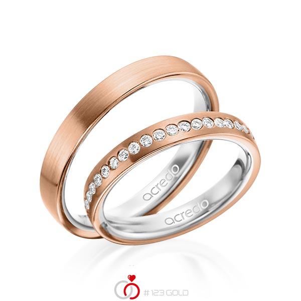 Paar bicolor Trauringe/Eheringe in außen Rotgold 750 , innen Platin 950 mit zus. 0,225 ct. Brillant tw, si von acredo - A-1498-9 Paar bicolor Trauringe/Eheringe in außen Rotgold 750 , innen Platin 950 mit zus. 0,225 ct. Brillant tw, si von acredo - A-1498-9