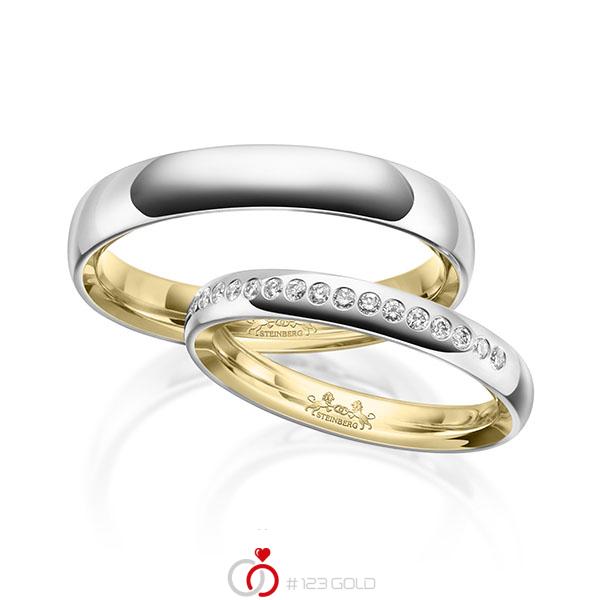 Paar bicolor Trauringe/Eheringe in außen Weißgold 585 , innen Gelbgold 585 mit zus. 0,16 ct. Brillant tw, si von Steinberg - Q-1637-3 Paar bicolor Trauringe/Eheringe in außen Weißgold 585 , innen Gelbgold 585 mit zus. 0,16 ct. Brillant tw, si von Steinberg - Q-1637-3