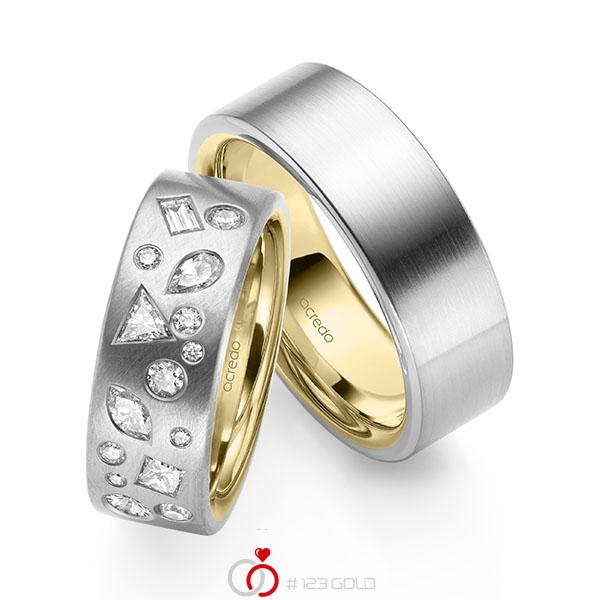 Paar bicolor Trauringe/Eheringe in außen Weißgold 585 , innen Gelbgold 585 mit zus. 0,9 ct. Prinzess-Diamant & Baguette-Diamant & Brillant tw, si tw, vs von acredo - A-2146-2 Paar bicolor Trauringe/Eheringe in außen Weißgold 585 , innen Gelbgold 585 mit zus. 0,9 ct. Prinzess-Diamant & Baguette-Diamant & Brillant tw, si tw, vs von acredo - A-2146-2