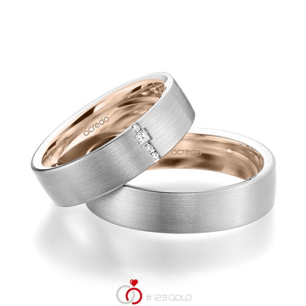Paar bicolor Trauringe/Eheringe in aussen Weissgold 585 , innen Rotgold 585 mit zus. 0,045 ct. Brillant & Prinzess-Diamant tw, si von acredo - A-1948-9 Paar bicolor Trauringe/Eheringe in aussen Weissgold 585 , innen Rotgold 585 mit zus. 0,045 ct. Brillant & Prinzess-Diamant tw, si von acredo - A-1948-9