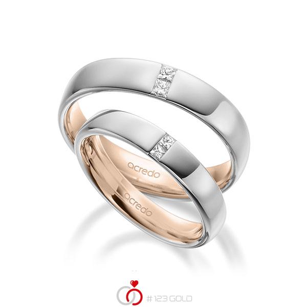 Paar bicolor Trauringe/Eheringe in aussen Weissgold 585 , innen Rotgold 585 mit zus. 0,18 ct. Prinzess-Diamant tw, si von acredo - A-1944-10 Paar bicolor Trauringe/Eheringe in aussen Weissgold 585 , innen Rotgold 585 mit zus. 0,18 ct. Prinzess-Diamant tw, si von acredo - A-1944-10