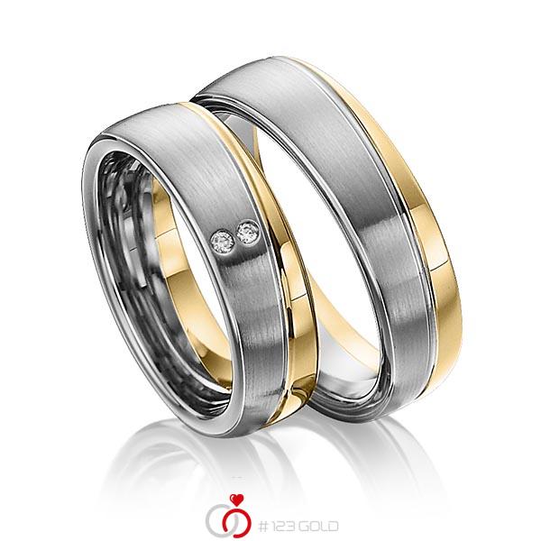 Paar bicolor Trauringe/Eheringe in Edelstahl Gelbgold 585 mit zus. 0,02 ct. Brillant tw, si von 123gold - Y-1301-2 Paar bicolor Trauringe/Eheringe in Edelstahl Gelbgold 585 mit zus. 0,02 ct. Brillant tw, si von 123gold - Y-1301-2