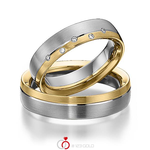 Paar bicolor Trauringe/Eheringe in Edelstahl Gelbgold 585 mit zus. 0,04 ct. Brillant tw, si von 123gold - Y-1297-8 Paar bicolor Trauringe/Eheringe in Edelstahl Gelbgold 585 mit zus. 0,04 ct. Brillant tw, si von 123gold - Y-1297-8